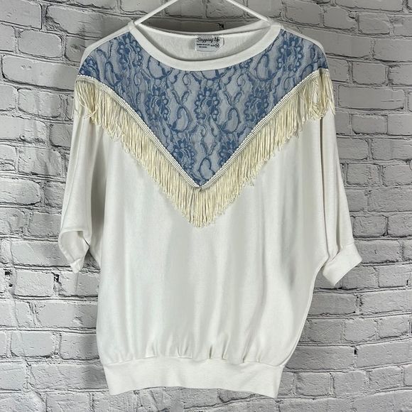 stepping up Tops - Stepping Up top fringe blue lace dolman sleeves size large